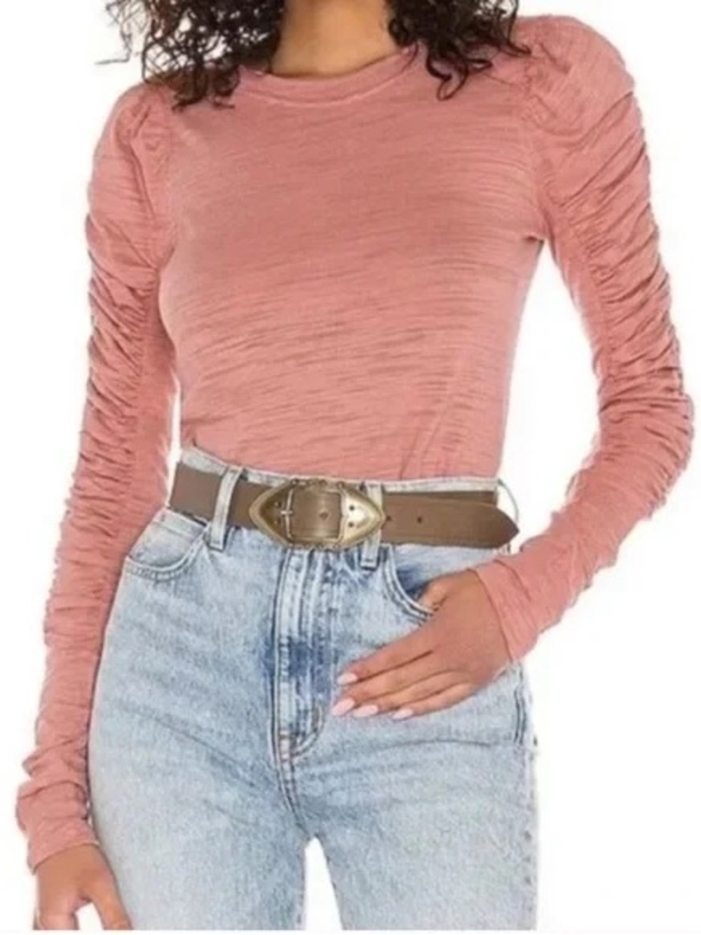 Free People Natasha Pink Ruched Long Sleeve T-Shirt Cotton Blend Boho Indie Sz M